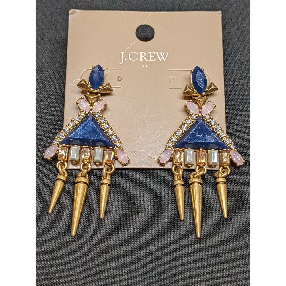 J.Crew Statement Earrings Blue Pink Crystal Spike Dangle Gold Tone C7865 On Card